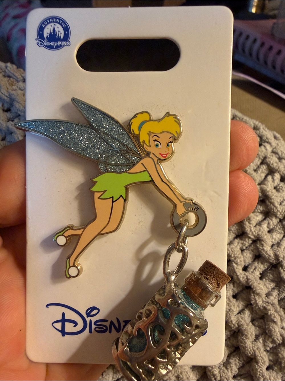 Disney Tinker Bell Pin - Green Dress with Silver Glitter Wings Blue Pixie Dust